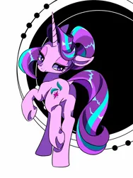 Size: 1200x1600 | Tagged: safe, artist:stacy_165cut, derpibooru import, starlight glimmer, pony, unicorn, g4, abstract background, big eyes, butt, dock, eyelashes, female, floppy ears, glimmer glutes, horn, image, jpeg, lidded eyes, long horn, long mane, long tail, looking back, mare, pink coat, plot, purple eyes, raised hoof, raised leg, shiny mane, shiny tail, smiling, solo, sparkly eyes, standing on two hooves, starry eyes, tail, three toned mane, three toned tail, two toned background, underhoof, walking, wavy mane, wavy tail, wingding eyes