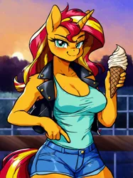 Size: 1840x2456 | Tagged: safe, ai content, derpibooru import, machine learning generated, prompter:bendy and boney, stable diffusion, sunset shimmer, anthro, unicorn, g4, clothes, denim, denim shorts, female, food, generator:pony diffusion v6 xl, horn, ice cream, ice cream cone, image, jacket, leather, leather jacket, looking at you, outdoors, png, shorts, sleeveless, smug, solo, tanktop