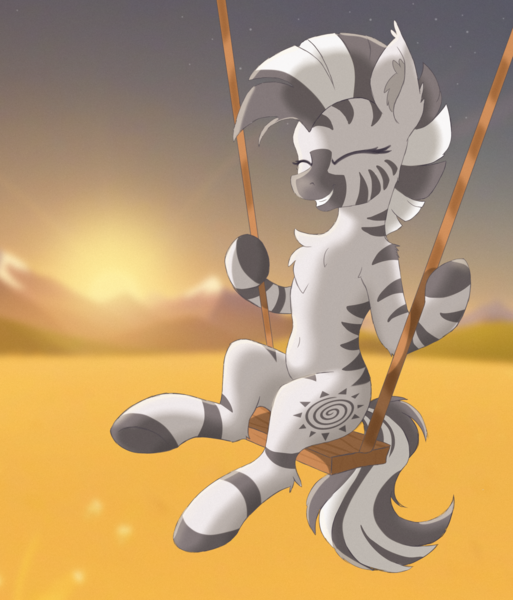 Size: 3786x4429 | Tagged: safe, artist:pzkratzer, derpibooru import, zecora, zebra, belly, belly button, eyes closed, female, field, image, open mouth, png, sitting, smiling, solo, sunset, swing, swinging