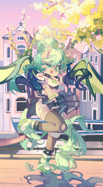 Size: 3602x6515 | Tagged: safe, artist:saxopi, derpibooru import, oc, unofficial characters only, anthro, bat pony, pony, unguligrade anthro, absurd resolution, bat pony oc, bat wings, bracelet, choker, clothes, commission, eyebrows, eyebrows visible through hair, fangs, female, image, looking at you, mare, midriff, one eye closed, open mouth, open smile, pleated skirt, png, shorts, skirt, smiling, socks, solo, spiked anklets, spiked choker, spiked wristband, standing, standing on one leg, stockings, thigh highs, wings, wink, winking at you, wristband