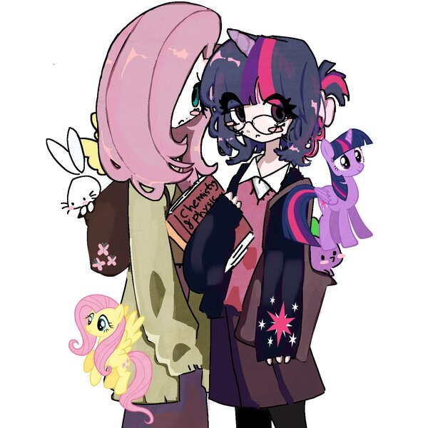 Size: 1485x1468 | Tagged: safe, artist:kikaokoon, derpibooru import, angel bunny, fluttershy, twilight sparkle, human, rabbit, animal, duo, duo female, female, humanized, image, jpeg, lesbian, ship:twishy, shipping, simple background, white background