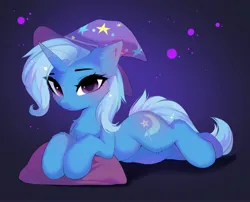 Size: 4096x3312 | Tagged: safe, artist:empress-twilight, derpibooru import, trixie, pony, unicorn, g4, blushing, chest fluff, clothes, commission, cute, diatrixes, ear fluff, female, fluffy, hat, high res, horn, image, jpeg, looking at you, mare, pillow, smiling, smiling at you, solo, tail, trixie's hat, ych result