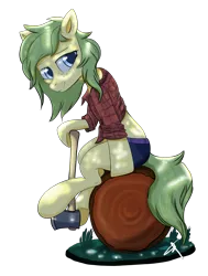 Size: 3553x4704 | Tagged: safe, artist:bluishdraft, derpibooru import, oc, oc:nettle vienna, unofficial characters only, earth pony, pony, axe, clothes, earth pony oc, female, image, log, lumberjack, png, simple background, solo, weapon