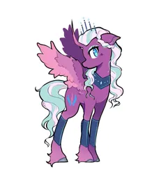 Size: 917x992 | Tagged: safe, artist:afrayedfox, derpibooru import, alicorn, pony, g5, crown, female, image, jewelry, jpeg, mare, no pupils, opaline arcana, peytral, regalia, simple background, solo, spread wings, turned head, white background, wings