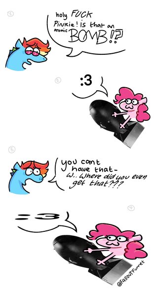 Size: 1071x2048 | Tagged: safe, artist:falloutfurret, derpibooru import, pinkie pie, rainbow dash, earth pony, pegasus, pony, g4, :3, bomb, comic, dialogue, duo, duo female, female, image, jpeg, mare, simple background, speech bubble, this will end in explosions, weapon, white background