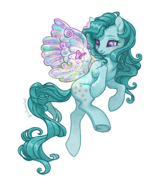 Size: 975x1080 | Tagged: safe, artist:shunshell, derpibooru import, peach blossom, butterfly, flutter pony, insect, g1, 2d, fanart, flying, image, jpeg, simple background, smiling, white background