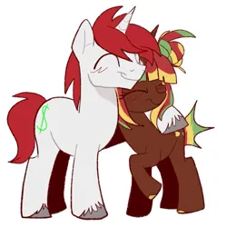 Size: 676x680 | Tagged: artist needed, safe, ponerpics import, oc, oc:little money, oc:pomm, earth pony, pony, unicorn, 2 ponies, female, friendship, hug, image, jpeg, male, mare, photo, simple background, spikey mane, stallion