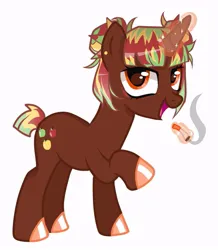 Size: 786x900 | Tagged: safe, artist:nan0angstrom, ponerpics import, oc, oc:pomm, pony, unicorn, cigarette, hair bun, hair tied, image, jpeg, photo, short tail, solo, spikey mane, using magic