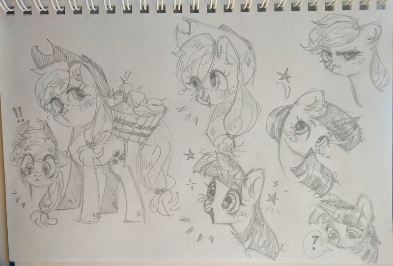 Size: 1280x865 | Tagged: safe, artist:shunshell, derpibooru import, applejack, twilight sparkle, earth pony, unicorn, annoyed, apple, bucket, food, happy, horn, image, jpeg, pencil drawing, photo, proud, smiling, traditional art, wondering