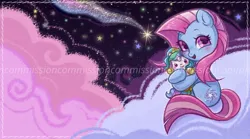 Size: 1280x711 | Tagged: safe, artist:shunshell, derpibooru import, princess celestia, alicorn, earth pony, chibi, cloud, image, jpeg, looking at you, on a cloud, pink cloud, plushie, shooting star, sitting, sitting on cloud, sky, smiling, smiling at you