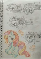 Size: 876x1280 | Tagged: safe, artist:shunshell, derpibooru import, sunny daze (g3), g3, blushing, image, jpeg, looking at you, non-pony oc, photo, sitting, sketch, sketch dump, smiling, smiling at you, traditional art