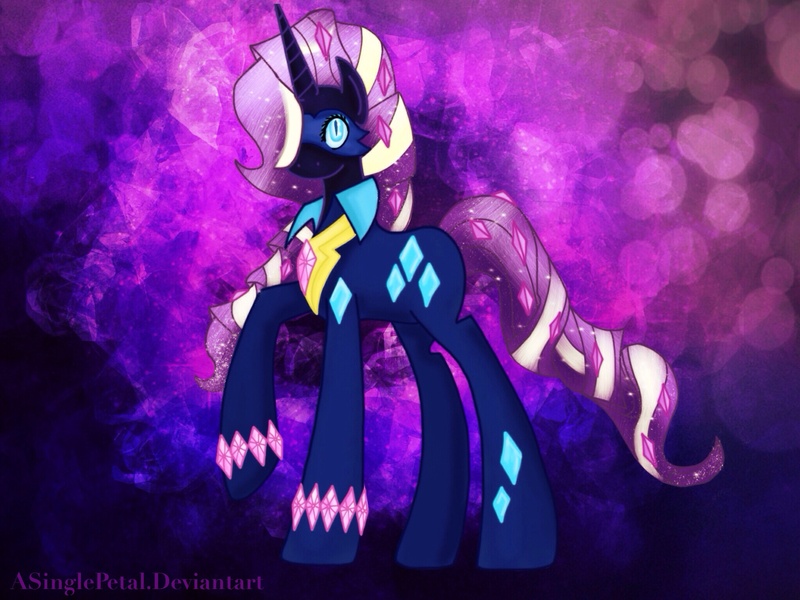 Size: 2048x1536 | Tagged: safe, artist:asinglepetal, derpibooru import, nightmare rarity, radiance, pony, unicorn, g4, clothes, costume, ethereal, female, horn, image, jpeg, mare, mask, nebula, night, night sky, nightmarified, power ponies, procreate app, radiance costume, sky, solo, space, watermark, white stripe, white stripes