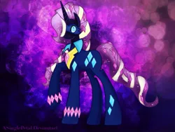 Size: 2048x1536 | Tagged: safe, artist:asinglepetal, derpibooru import, nightmare rarity, radiance, pony, unicorn, g4, clothes, costume, ethereal, female, horn, image, jpeg, mare, mask, nebula, night, night sky, nightmarified, power ponies, procreate app, radiance costume, sky, solo, space, watermark, white stripe, white stripes