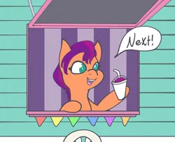 Size: 3446x2798 | Tagged: safe, artist:tkshoelace, derpibooru import, sunny starscout, earth pony, pony, g5, drink, female, holding, image, png, raised leg, smoothie, solo, speech bubble, text