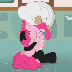 Size: 720x720 | Tagged: safe, artist:cooperthedoodlian, derpibooru import, pinkie pie, oc, earth pony, pony, series:cooper hugs ponies, affection, baking, chef's hat, cookie, cookie dough, cooper doodlian, cooper doodlian is trying to murder us, cute, diapinkes, doodland, duo, duo male and female, female, food, hat, hug, humanoid, image, kitchen, kneeling, male, mare, non-mlp oc, png, ship:cooperpie, shipping, show accurate, sitting