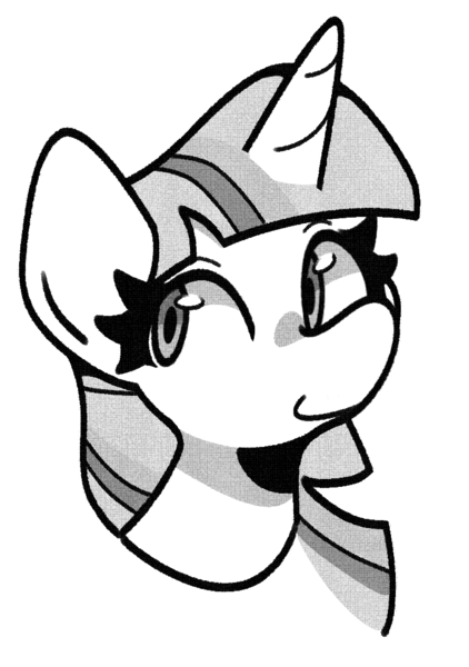 Size: 716x1018 | Tagged: safe, artist:kindakismet, derpibooru import, twilight sparkle, pony, g4, bust, grayscale, image, monochrome, png, portrait, simple background, smiling, solo, white background