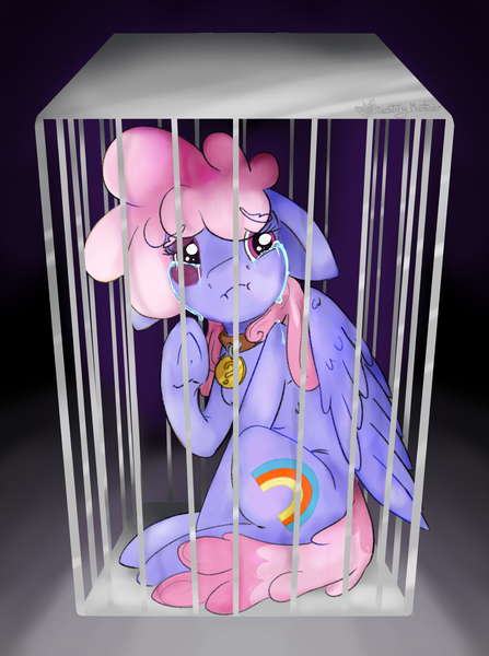 Size: 1276x1713 | Tagged: semi-grimdark, artist:destiny_manticor, derpibooru import, rainbowshine, pegasus, pony, abuse, black background, black eye, bruised, cage, collar, commission, crying, female, floppy ears, folded wings, image, implied anon, looking at you, mare, offscreen character, pet, pet collar, pet tag, png, question mark, sad, sad pony, simple background, sitting, slave, tears of sadness, teary eyes, wings