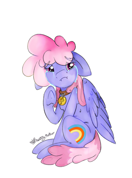 Size: 1276x1713 | Tagged: safe, artist:destiny_manticor, derpibooru import, rainbowshine, pegasus, pony, bruised, collar, commission, crying, female, floppy ears, folded wings, image, implied anon, looking at you, mare, offscreen character, pet, pet collar, pet tag, png, question mark, sad, sad pony, simple background, sitting, solo, tears of sadness, teary eyes, transparent background, wings