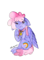 Size: 1276x1713 | Tagged: safe, artist:destiny_manticor, derpibooru import, rainbowshine, pegasus, pony, bruised, collar, commission, crying, female, floppy ears, folded wings, image, implied anon, looking at you, mare, offscreen character, pet, pet collar, pet tag, png, question mark, sad, sad pony, simple background, sitting, solo, tears of sadness, teary eyes, transparent background, wings