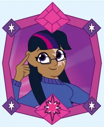 Size: 1350x1635 | Tagged: safe, artist:prixy05, derpibooru import, twilight sparkle, human, g4, blackwashing, clothes, female, framed picture, glasses, humanized, image, moderate dark skin, png, scarred, solo