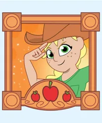 Size: 1350x1635 | Tagged: safe, artist:prixy05, derpibooru import, applejack, human, g4, applejack's hat, clothes, cowboy hat, female, framed picture, hat, humanized, image, light skin, looking at you, png, solo