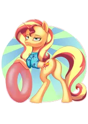 Size: 4961x7016 | Tagged: safe, artist:bluishdraft, derpibooru import, edit, sunset shimmer, pony, unicorn, g4, butt, clothes, female, hawaiian shirt, horn, image, inner tube, leg fluff, mare, opaque inflatable, plot, png, pool toy, shirt, simple background, smiling, solo, transparent background