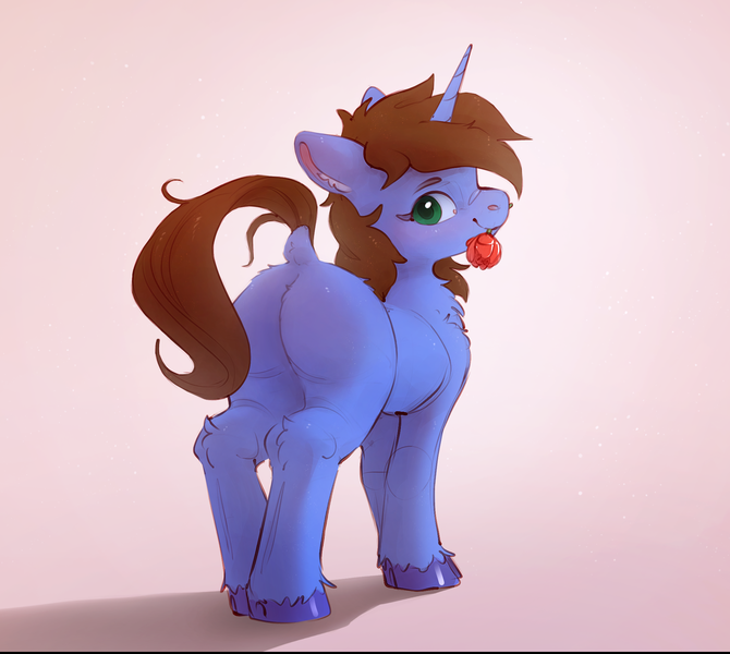 Size: 1971x1764 | Tagged: oc name needed, safe, artist:itssim, derpibooru import, oc, unofficial characters only, pony, unicorn, butt, chest fluff, commission, dock, ear fluff, flower, flower in mouth, horn, image, leg fluff, looking at you, looking back, looking back at you, mouth hold, plot, png, rose, smiling, smiling at you, solo, tail, unicorn oc, unshorn fetlocks