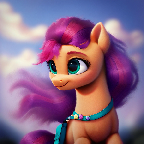 Size: 4096x4096 | Tagged: safe, ai content, derpibooru import, editor:felisamafeles, machine learning generated, stable diffusion, sunny starscout, earth pony, pony, g5, blurry background, cloud, cute, ear fluff, fluffy, generator:pony diffusion v6 xl, green eyes, image, jpeg, purple mane, smiling, solo, sunnybetes