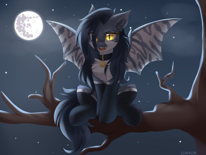 Size: 4096x3093 | Tagged: oc name needed, safe, alternate version, artist:lunylin, derpibooru import, oc, unofficial characters only, bat pony, pony, bat pony oc, bat wings, cheek fluff, chest fluff, clothes, collar, commission, ear fluff, fangs, full moon, high res, image, jpeg, mare in the moon, moon, night, night sky, open mouth, outdoors, sitting, sky, slit pupils, socks, solo, spread wings, stars, tail, tree branch, wings