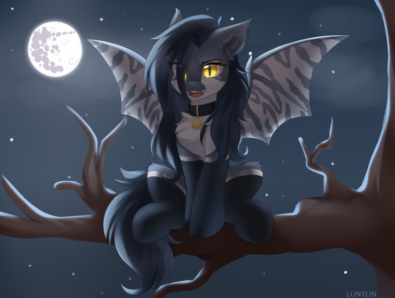 Size: 6500x4908 | Tagged: oc name needed, safe, alternate version, artist:lunylin, derpibooru import, oc, unofficial characters only, bat pony, pony, absurd resolution, bat pony oc, bat wings, cheek fluff, chest fluff, clothes, collar, commission, ear fluff, fangs, full moon, image, mare in the moon, moon, night, night sky, open mouth, outdoors, png, sitting, sky, slit pupils, socks, solo, spread wings, stars, tail, tree branch, wings