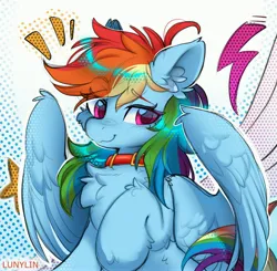 Size: 4096x4020 | Tagged: safe, artist:lunylin, derpibooru import, rainbow dash, pegasus, pony, g4, cheek fluff, chest fluff, collar, cute, dashabetes, ear fluff, female, high res, image, jpeg, mare, partially open wings, smiling, solo, wings