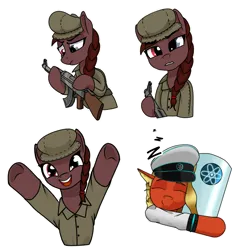 Size: 2000x2000 | Tagged: safe, artist:theuser, derpibooru import, part of a set, oc, oc:altidiya, oc:posada, equestria at war mod, ak-47, assault rifle, braid, clothes, gun, happy, hat, heterochromia, image, looking at you, peaked cap, png, rifle, sad, simple background, sleeping, transparent background, weapon