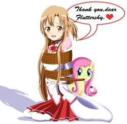 Size: 5724x5593 | Tagged: safe, artist:sincity2100, derpibooru import, fluttershy, human, pegasus, pony, asuuna yuki, bondage, dialogue, english, group, heart, image, jpeg, mouth hold, rope, rope bondage, shadow, simple background, speech bubble, sword art online, tied up, untying, white background