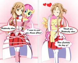 Size: 6347x5102 | Tagged: safe, artist:sincity2100, derpibooru import, fluttershy, human, pegasus, pony, asuuna yuki, bondage, dialogue, english, gradient background, group, heart, hug, image, jpeg, mouth hold, ribbon, shadow, speech bubble, sword art online, tied up, untying