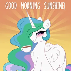 Size: 2000x2000 | Tagged: safe, alternate version, artist:confetticakez, derpibooru import, princess celestia, alicorn, pony, g4, blushing, chest fluff, cup, female, good morning, gradient background, grin, high res, horn, image, jpeg, looking at you, mare, partially open wings, smiling, smiling at you, solo, sunburst background, teacup, wings