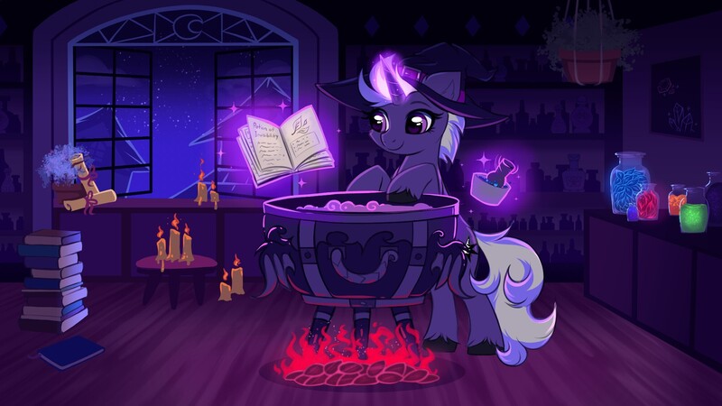 Size: 2000x1125 | Tagged: safe, artist:confetticakez, derpibooru import, oc, oc:darkshine, unofficial characters only, pony, unicorn, book, candle, cauldron, female, glow, glowing horn, hat, horn, image, indoors, jpeg, levitation, magic, magic aura, mare, night, night sky, potion, potion making, sky, smiling, solo, stars, tail, telekinesis, unicorn oc, unshorn fetlocks, window, witch, witch hat