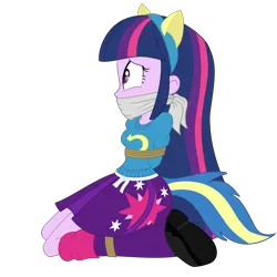 Size: 2500x2500 | Tagged: safe, artist:nie-martw-sie-o-mnie, derpibooru import, twilight sparkle, human, equestria girls, g4, bondage, bound and gagged, cloth gag, clothes, female, femsub, gag, hands behind back, helping twilight win the crown, image, kneeling, leg warmers, png, rope, rope bondage, simple background, skirt, solo, submissive, transparent background, twisub, wondercolts uniform