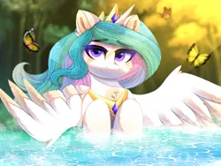 Size: 3072x2304 | Tagged: safe, artist:taiweiart, derpibooru import, princess celestia, alicorn, butterfly, insect, pony, g4, crown, female, high res, image, jewelry, looking at you, mare, outdoors, partially submerged, peytral, png, regalia, smiling, smiling at you, solo, spread wings, water, wings