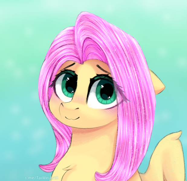 Size: 2304x2235 | Tagged: safe, artist:taiweiart, derpibooru import, part of a set, fluttershy, pegasus, pony, g4, blushing, chest fluff, eye clipping through hair, eyebrows, female, floppy ears, gradient background, high res, image, looking at you, mare, png, smiling, smiling at you, solo, wings