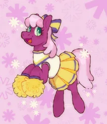 Size: 984x1140 | Tagged: safe, artist:beyhr, derpibooru import, cheerilee, earth pony, pony, g4, cheerileeder, cheerleader, cheerleader outfit, clothes, eyelashes, female, green eyes, image, magenta coat, mare, outline, patterned background, pink coat, pink mane, pink tail, pleated skirt, png, pom pom, rearing, signature, skirt, sparkles, tail, text, two toned mane, two toned tail