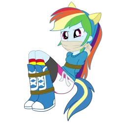 Size: 2000x2000 | Tagged: safe, artist:nie-martw-sie-o-mnie, derpibooru import, rainbow dash, human, equestria girls, g4, bondage, boots, bound and gagged, cloth gag, clothes, dashsub, female, femsub, gag, helping twilight win the crown, image, png, rainbow socks, rope, rope bondage, shoes, simple background, sitting, socks, striped socks, submissive, transparent background, wondercolts uniform