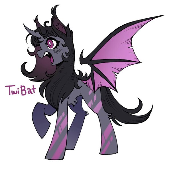 Size: 709x693 | Tagged: safe, artist:anemonaii, derpibooru import, twilight sparkle, twilight sparkle (alicorn), alicorn, bat pony, bat pony alicorn, pony, g4, alternate coat color, alternate color palette, alternate design, alternate eye color, alternate hairstyle, alternate mane color, alternate tail color, alternate tailstyle, bangs, bat ponified, bat wings, blush scribble, blushing, chest fluff, coat markings, colored chest fluff, colored ears, colored pinnae, colored wings, concave belly, curved horn, ear tufts, fangs, female, gradient mane, gradient pinnae, gradient wings, gray coat, hock fluff, horn, image, jpeg, leg markings, leg stripes, long mane, long tail, magenta eyes, mare, missing cutie mark, open mouth, open smile, profile, purple text, race swap, raised hoof, simple background, smiling, spread wings, standing on three hooves, stripes, tail, teeth, text, torn wings, twibat, unicorn horn, white background, white pupils, wings