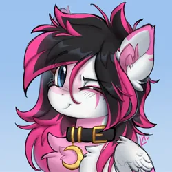 Size: 2560x2560 | Tagged: safe, artist:lunylin, derpibooru import, oc, oc:lunylin, unofficial characters only, pegasus, pony, chest fluff, collar, ear fluff, female, folded wings, high res, image, jpeg, looking at you, mare, one eye closed, pegasus oc, smiling, smiling at you, solo, wings, wink, winking at you