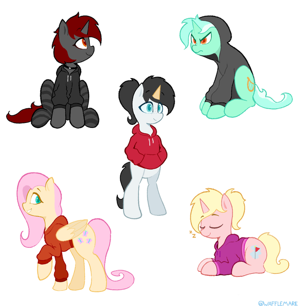 Size: 1075x1105 | Tagged: safe, artist:waffletheheadmare, derpibooru import, fluttershy, lyra heartstrings, oc, oc:dared step, oc:ember stone, oc:wafflehead, pegasus, unicorn, bipedal, clothes, fake horn, food, hood, hoodie, horn, image, lying down, png, simple background, sitting, sleeping, smiling, waffle, waffle cone