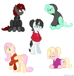 Size: 1075x1105 | Tagged: safe, artist:waffletheheadmare, derpibooru import, fluttershy, lyra heartstrings, oc, oc:dared step, oc:ember stone, oc:wafflehead, pegasus, unicorn, bipedal, clothes, fake horn, food, hood, hoodie, horn, image, lying down, png, simple background, sitting, sleeping, smiling, waffle, waffle cone