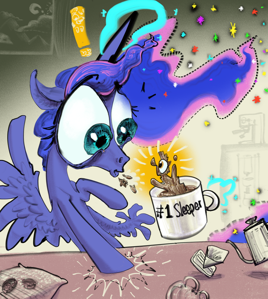 Size: 3000x3338 | Tagged: safe, artist:ja0822ck, derpibooru import, princess luna, ponified, alicorn, coffee pony, pony, big eyes, coffee, cup, ethereal mane, female, image, lacrimal caruncle, magic, magic aura, mare, png, shocked, spit take, surprised