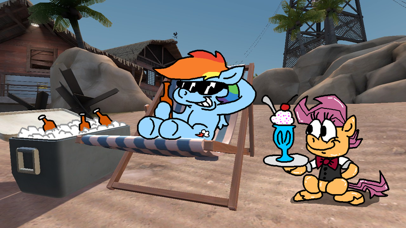 Size: 1280x720 | Tagged: safe, artist:dragonboi471, artist:rainbowdashsmailbag, derpibooru import, rainbow dash, scootaloo, pony, robot, 3d, alcohol, beach, beach chair, beer, chair, cooler, food, gmod, ice cream, image, png, scootabot