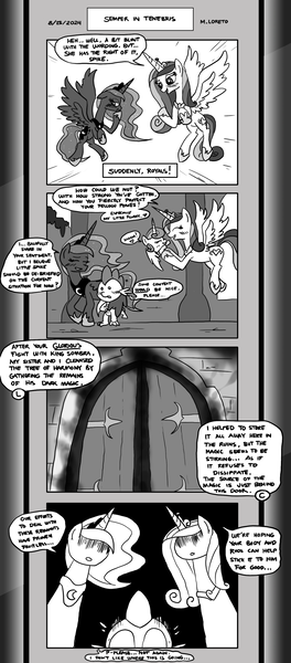 Size: 1451x3300 | Tagged: safe, artist:loreto-arts, derpibooru import, princess cadance, princess flurry heart, princess luna, spike, dragon, pony, comic:friendship is innuendo, comic:friendship is innuendo vol. 2, image, monochrome, png, winged spike, wings