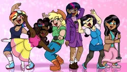 Size: 1711x975 | Tagged: safe, artist:basil, artist:dj axel, derpibooru import, applejack, fluttershy, pinkie pie, rainbow dash, rarity, twilight sparkle, human, g4, blackwashing, clothes, commissioner:prixy05, dark skin, eyes closed, female, humanized, image, light skin, mane six, microphone, moderate dark skin, pink background, png, simple background, singing