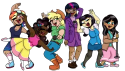 Size: 1711x975 | Tagged: safe, alternate version, artist:basil, artist:dj axel, derpibooru import, applejack, fluttershy, pinkie pie, rainbow dash, rarity, twilight sparkle, human, g4, blackwashing, clothes, commissioner:prixy05, dark skin, eyes closed, female, humanized, image, light skin, mane six, microphone, moderate dark skin, png, simple background, singing, transparent background